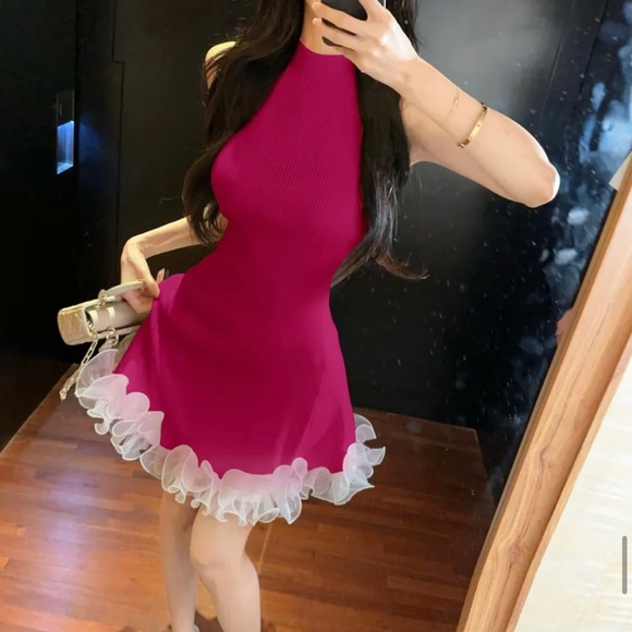 Dinse Barbie Pink Sleeveless Mock Neck Mini A-Line Dress Jfashion K Pop - Picture 5 of 5